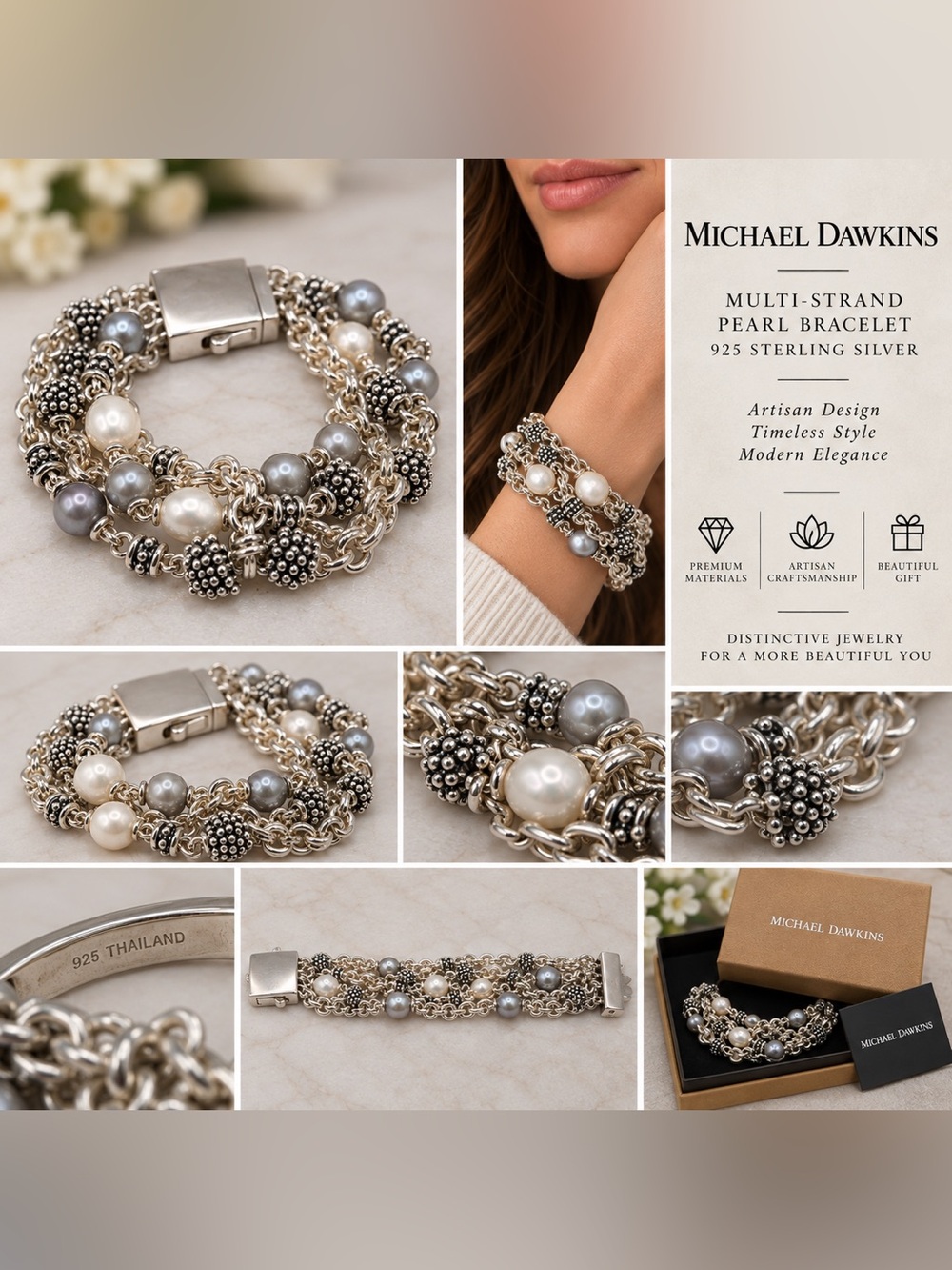 Michael Dawkins 925 Sterling Silver Multi-Strand Pearl Beaded Statement Bracelet